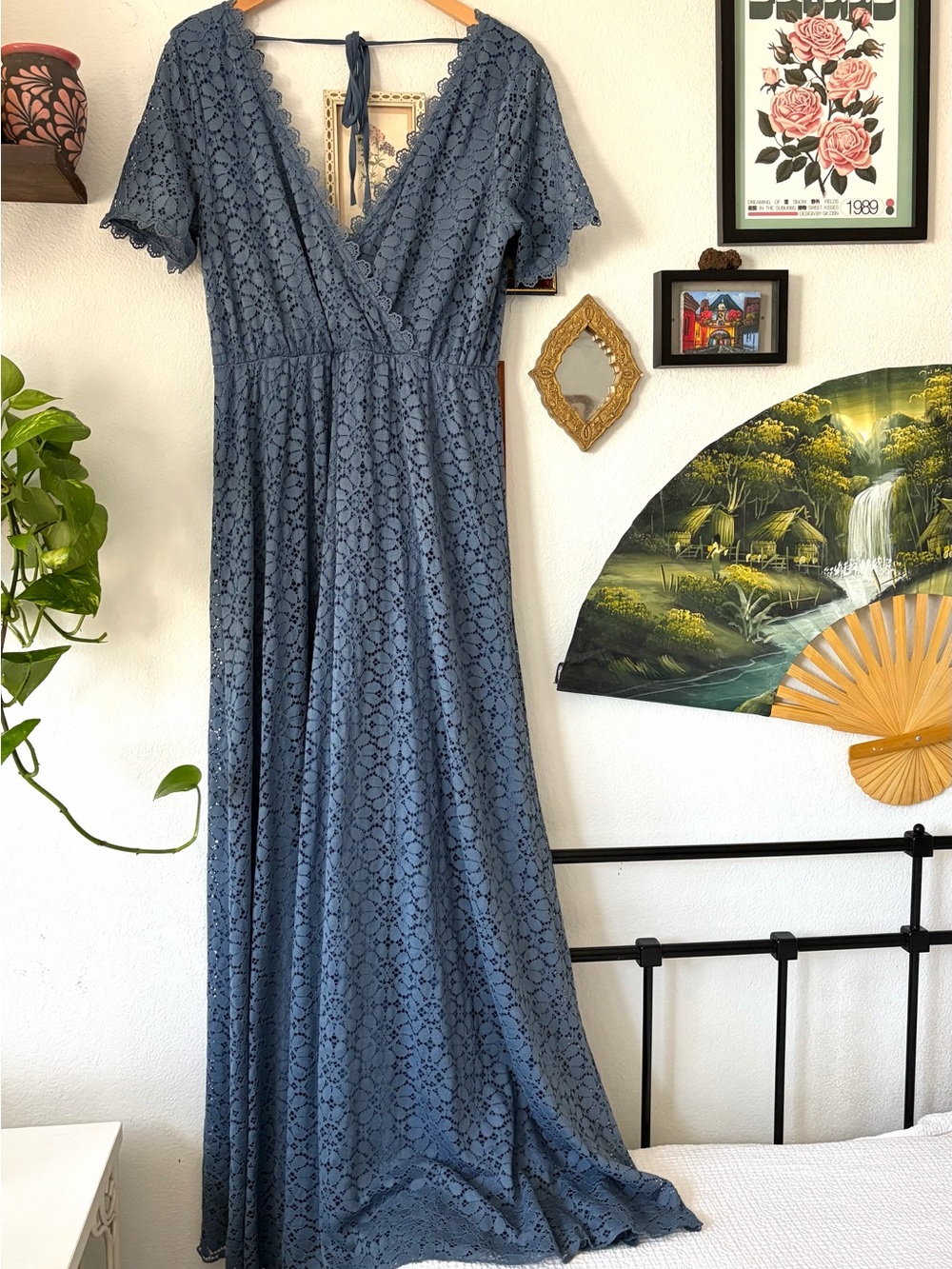 Romantic Boho Floral Venice Lace Maxi Dress with V-Neck in Slate Blue - XL